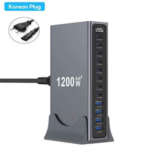 1200W GaN4 Multi-Port USB Charging Station | 12-Port PD Fast Charger Hub for Laptop Phone Tablet | EU US UK AU KR Brazil Plug Optional