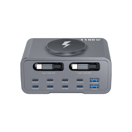 1150W GaN4 Multi-Port Fast Charging Station, 6 External USB Ports + 2 Built-in 70cm Retractable Type-C Cables, 15W Wireless Charger, Intelligent Power Distribution PD Fast Charger Dock for Laptop, Smartphone, Tablet, Smart Watch