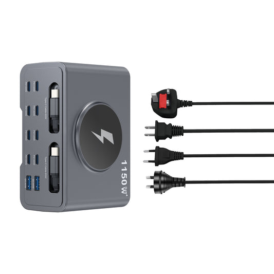 1150W GaN4 Multi-Port Fast Charging Station, 6 External USB Ports + 2 Built-in 70cm Retractable Type-C Cables, 15W Wireless Charger, Intelligent Power Distribution PD Fast Charger Dock for Laptop, Smartphone, Tablet, Smart Watch