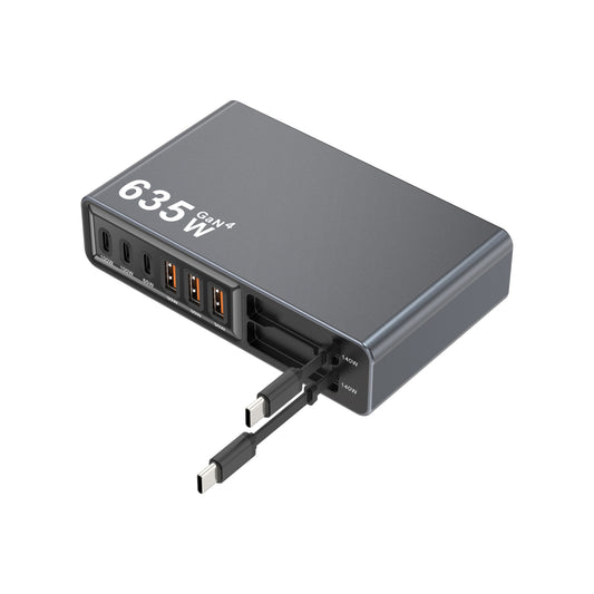 635W GaN4 Multi-Port Charging Station | 6 Ports + 2 Built-in Retractable Type-C Cables, Intelligent Adaptive Power PD Fast Charger Dock for Laptop Phone Tablet | EU US UK AU KR Brazil Plug Optional