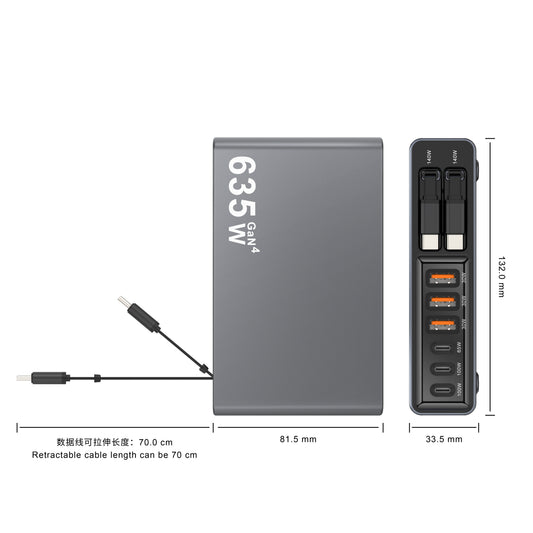 635W GaN4 Multi-Port Charging Station | 6 Ports + 2 Built-in Retractable Type-C Cables, Intelligent Adaptive Power PD Fast Charger Dock for Laptop Phone Tablet | EU US UK AU KR Brazil Plug Optional