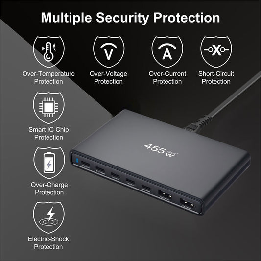 455W Ultra-Thin GaN Multi-Port Charger, 1.7cm Slim Portable 7-Port Desktop PD Charging Station